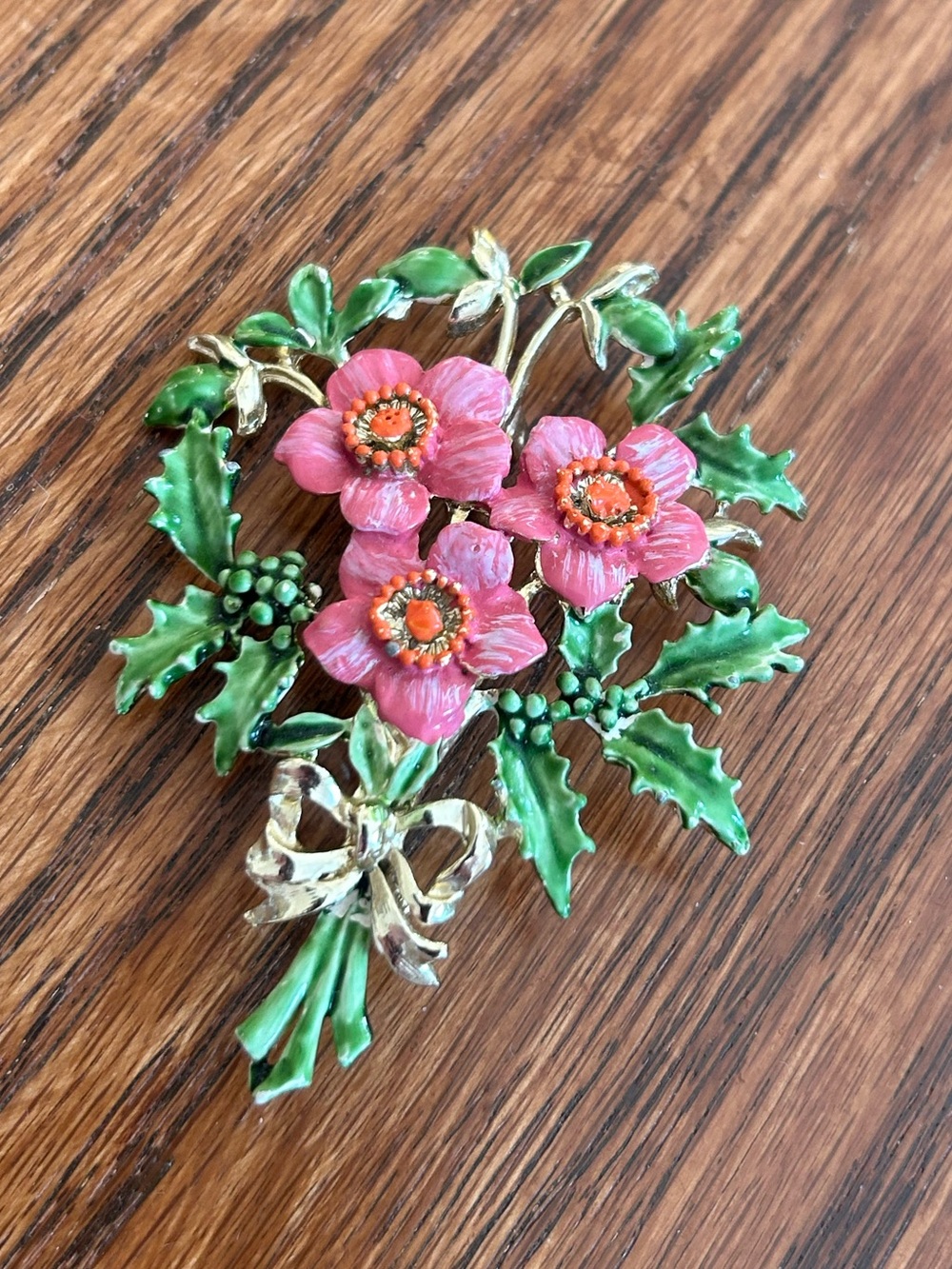 Vintage 1950s Exquisite Enamel Christmas Rose Holly Bouquet Brooch Pin